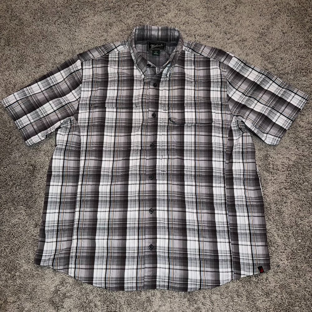 Woolrich Woolen Mills Vented Gray Plaid Shirt SZ XL Zipper Pocket Hidden Pocket